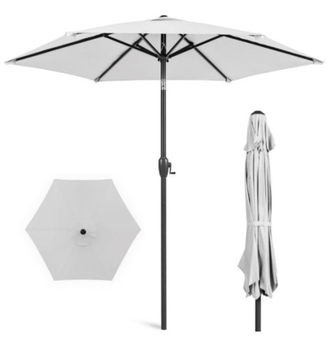 Outdoor Market Patio Umbrella w/ Push Button Tilt, Crank Lift - 7.5ft, Fog Gray - Lot 268