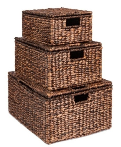 Set of 3 Large Hyacinth Storage Baskets w/ Handles, Lid - 21", 20", 18", Espresso - Lot 275