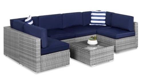 7-Piece Modular Wicker Sectional Conversation Set w/ 2 Pillows, Cover, Gray/Navy - Lot 277