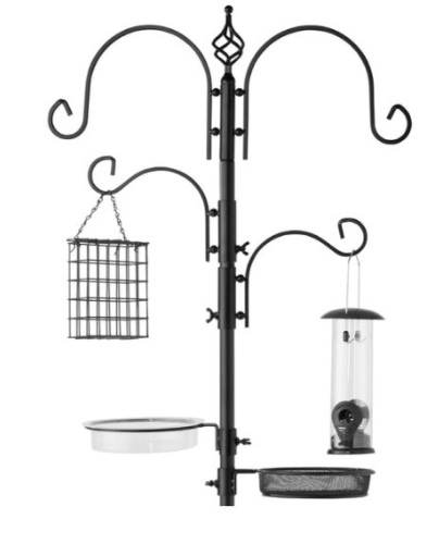 4-Hook Bird Feeding Station, Steel Feeder Stand w/ 2 Bird Feeders - 91in, Black - Lot 280