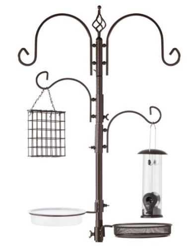 4-Hook Bird Feeding Station, Steel Feeder Stand w/ 2 Bird Feeders - 91in, Bronze - Lot 281
