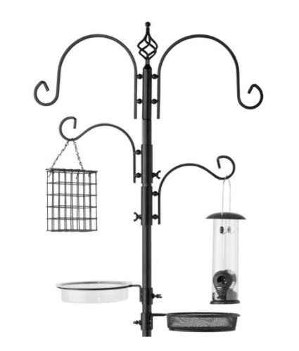 4-Hook Bird Feeding Station, Steel Feeder Stand w/ 2 Bird Feeders - 91in, Black - Lot 282