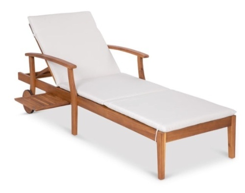 Adjustable Acacia Wood Chaise Lounge Chair w/ Side Table, Wheels - 79x26in, Cream - Lot 284
