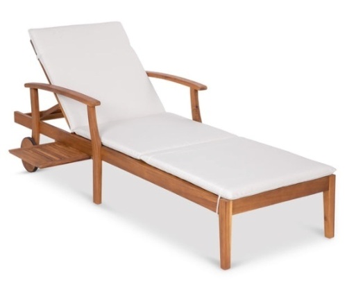 Adjustable Acacia Wood Chaise Lounge Chair w/ Side Table, Wheels - 79x26in, Cream - Lot 285