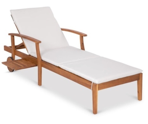 Adjustable Acacia Wood Chaise Lounge Chair w/ Side Table, Wheels - 79x26in, Cream - Lot 288