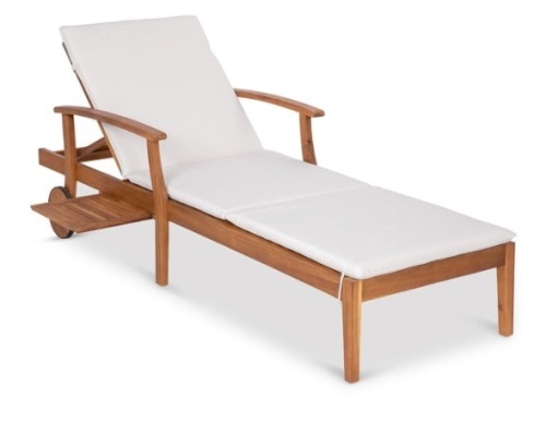 Adjustable Acacia Wood Chaise Lounge Chair w/ Side Table, Wheels - 79x26in, Cream - Lot 289