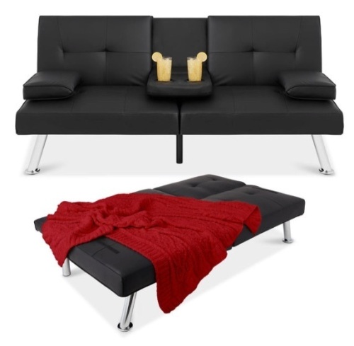 Faux Leather Upholstered Convertible Sofa Bed Futon w/ 2 Cupholders, Black - Lot 293