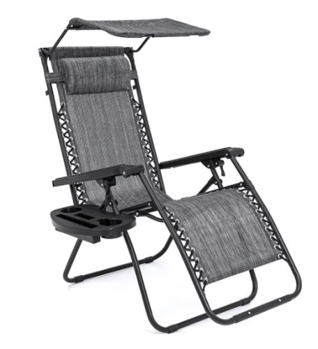 Folding Zero Gravity Recliner Patio Lounge Chair w/ Canopy, Side Tray, Gray - Lot 299