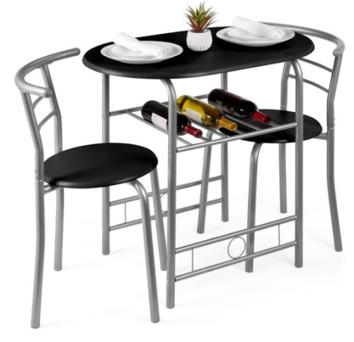 3-Piece Wooden Table & Chairs Dining Set w/ Lower Storage Shelf, Black/Silver - Lot 301