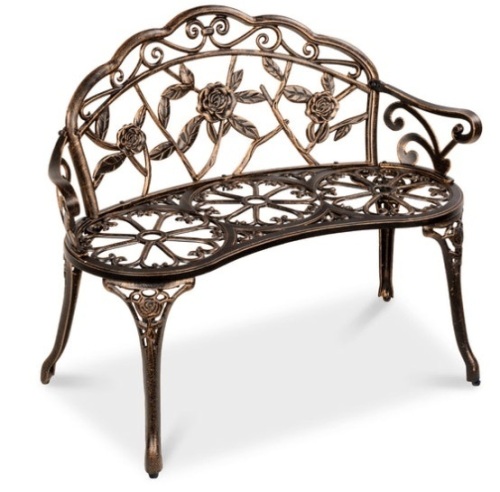 Steel Garden Bench Outdoor Patio Furniture w/ Floral Rose Accent - 39in, Bronze - Lot 303