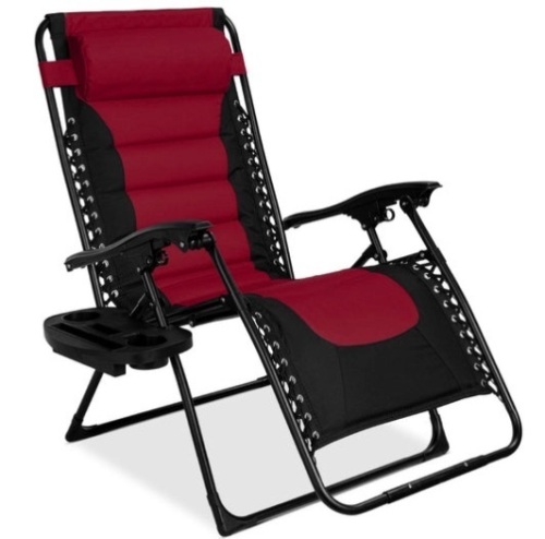 Oversized Padded Zero Gravity Chair, Folding Recliner w/ Headrest, Side Tray, Burgundy - Lot 307