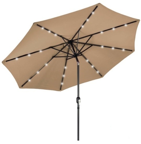 Solar LED Lighted Patio Umbrella w/ Tilt Adjustment, UV-Resistance - 10ft, Tan - Lot 314
