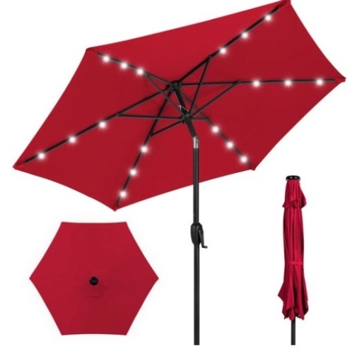 Outdoor Solar Patio Umbrella w/ Push Button Tilt, Crank Lift - 7.5ft, Red - Lot 315