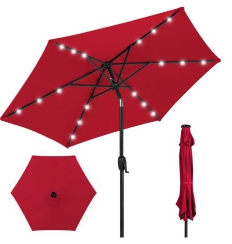 Outdoor Solar Patio Umbrella w/ Push Button Tilt, Crank Lift - 7.5ft, Red - Lot 319