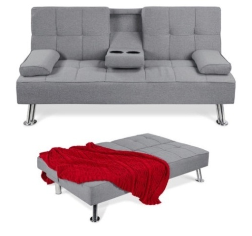 Linen Upholstered Convertible Sofa Bed Futon w/ 2 Cupholders, Gray - Lot 327