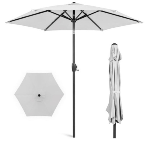 Outdoor Market Patio Umbrella w/ Push Button Tilt, Crank Lift - 7.5ft, Fog Gray - Lot 330
