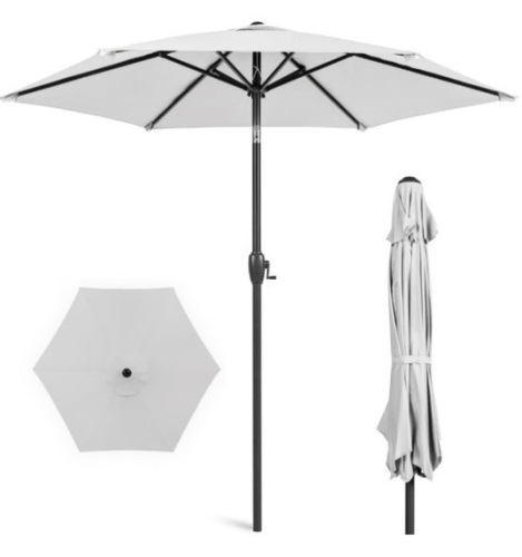 Outdoor Market Patio Umbrella w/ Push Button Tilt, Crank Lift - 7.5ft, Fog Gray - Lot 332