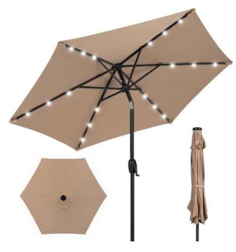 Outdoor Solar Patio Umbrella w/ Push Button Tilt, Crank Lift - 7.5ft, Tan - Lot 336