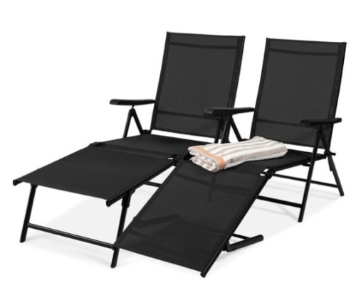 Set of 2 Outdoor Patio Chaise Recliner Lounge Chairs w/ Rust-Resistant Frame, Black - Lot 345