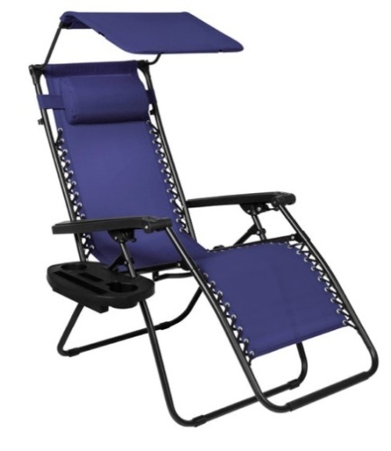 Folding Zero Gravity Recliner Patio Lounge Chair w/ Canopy, Side Tray, Navy Blue - Lot 308