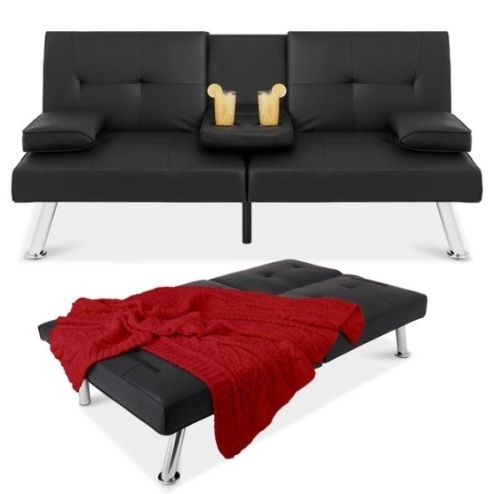 Faux Leather Upholstered Convertible Sofa Bed Futon w/ 2 Cupholders, Black - Lot 362