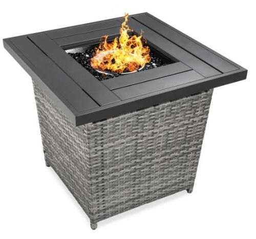 28in Fire Pit Table 50,000 BTU Wicker Propane w/ Faux Wood Tabletop, Cover, Gray - Lot 364
