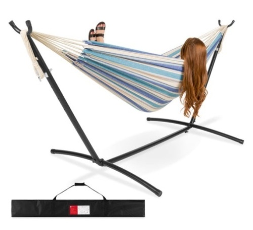 2-Person Brazilian-Style Double Hammock w/ Carrying Bag and Steel Stand, Ocean - Lot 367