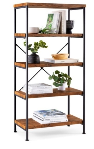 5-Tier Industrial Bookshelf w/ Metal Frame, Wood Shelves, Brown - Lot 369