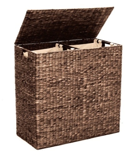 Extra Large Water Hyacinth Double Laundry Hamper Basket w/ 2 Liner Bags, Espresso - Lot 370