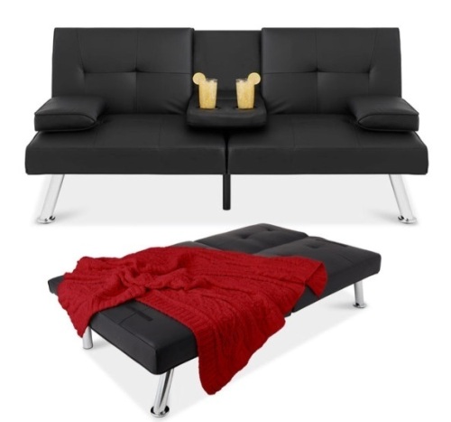 Faux Leather Upholstered Convertible Sofa Bed Futon w/ 2 Cupholders, Black - Lot 371