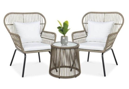 3-Piece Patio Wicker Conversation Bistro Set w/ 2 Chairs, Glass Top Table, Tan - Lot 372