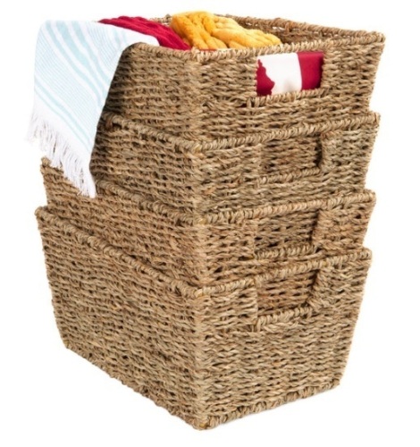 Set of 4 Seagrass Storage Tote Baskets, Laundry Organizer w/ Insert Handles, Natural - Lot 379