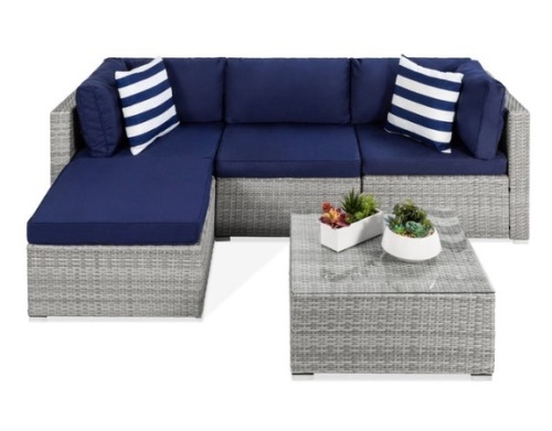 5-Piece Modular Wicker Sectional Conversation Set w/ 2 Pillows, Coffee Table - Lot 382