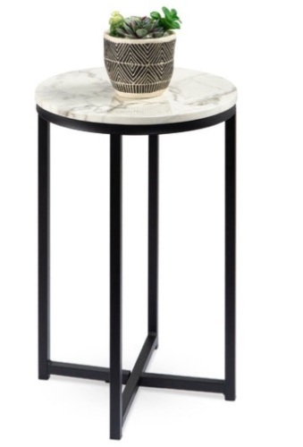 Round Coffee Side Table w/ Faux Marble Top, Metal Frame - 16in, White/Matte Black - Lot 388