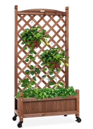 Wood Planter Box & Lattice Trellis w/ Drainage, Optional Wheels - 60in - Lot 394