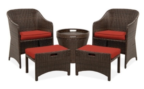 5-Piece Outdoor Wicker Bistro Set w/ Side Storage Table, No Assembly, Red - Lot 395