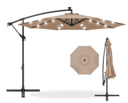 Solar LED Offset Hanging Patio Umbrella w/ Crank Tilt Adjustment - 10ft, Tan - Lot 402