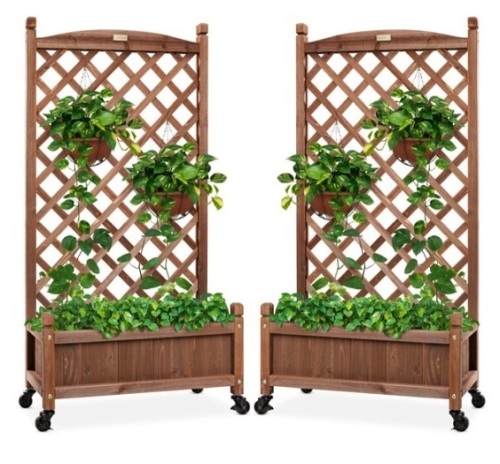 Set of 2 Wood Planter Box & Lattice Trellis w/ Optional Wheels - 48in - Lot 408
