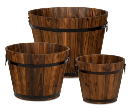 Set of 3 Rustic Wood Bucket Barrel Garden Planters Set w/ Drainage Holes - Lot 409