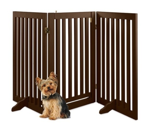 31.5in 3-Panel Freestanding Wooden Pet Gate w/ Door, Support Feet, Espresso - Lot 411