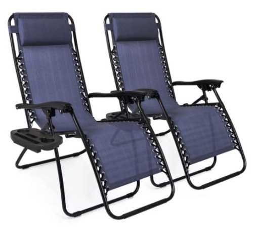 Set of 2 Adjustable Zero Gravity Patio Chair Recliners w/ Cup Holders, Blue - Lot 413