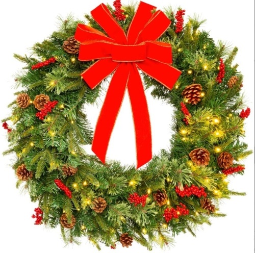 BCP Pre-Lit Battery Powered Christmas Wreath w/ Lights, PVC Tips, Ribbon, SKY5985 - Lot 517