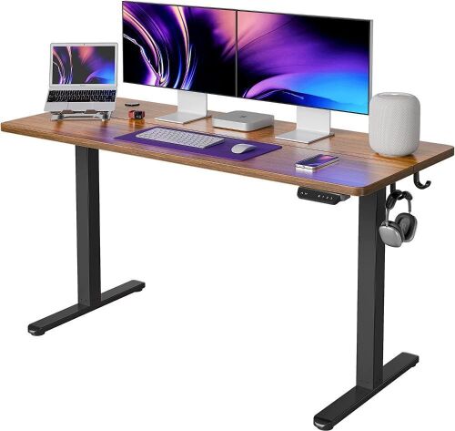 FEZIBO Electric Standing Desk, 55 x 24 Inches Height Adjustable Table, Ergonomic Home Office Furniture with Splice Board, Black Frame/Espresso Top  - Lot 181