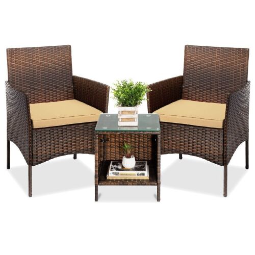3-Piece Outdoor Patio Wicker Bistro Set w/ Side Storage Table - Lot 422