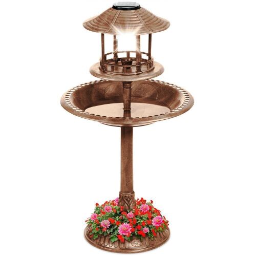 Solar Lighted Outdoor Pedestal Bird Bath w/ Planter, Decorative Bird Cage - Lot 546