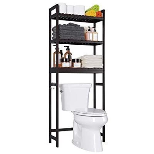 Homfa Bamboo Over-The-Toilet 3-Tier Freestanding Bathroom Storage Rack with 6 Hooks - Lot 779