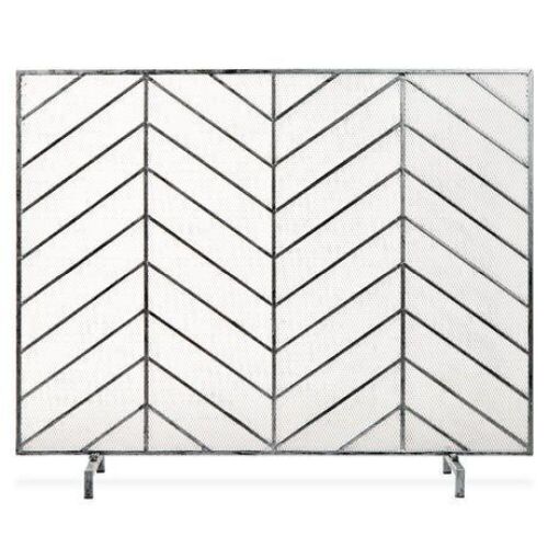 Single Panel Iron Chevron Fireplace Screen w/ Antique Finish - 38x31in - Lot 124