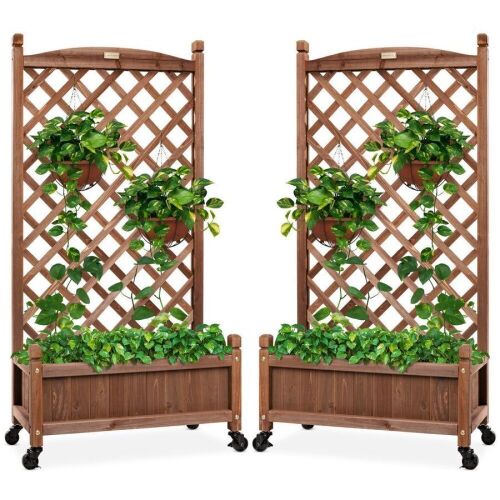 Set of 2 Wood Planter Box & Lattice Trellis w/ Optional Wheels - 48in - Lot 271