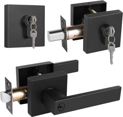 Keyed Alike Entrance Door Leverset with Square Double Cylinder Deadbolt in Matte Black, 5 Sets - Lot 144