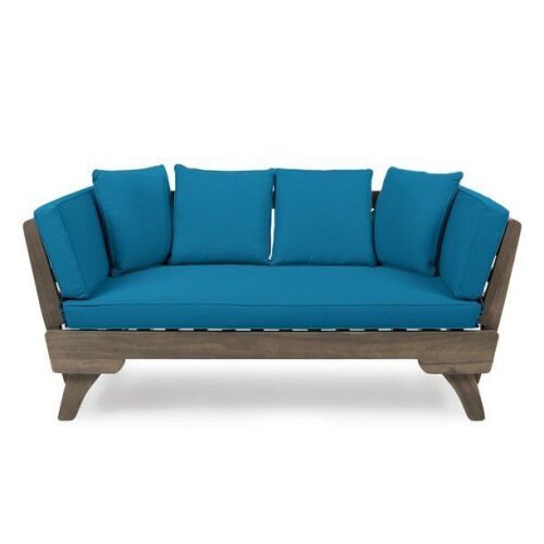 Outdoor Acacia Wood Expandable Daybed with Water Resistant Cushions, Dark Teal and Gray - Lot 13
